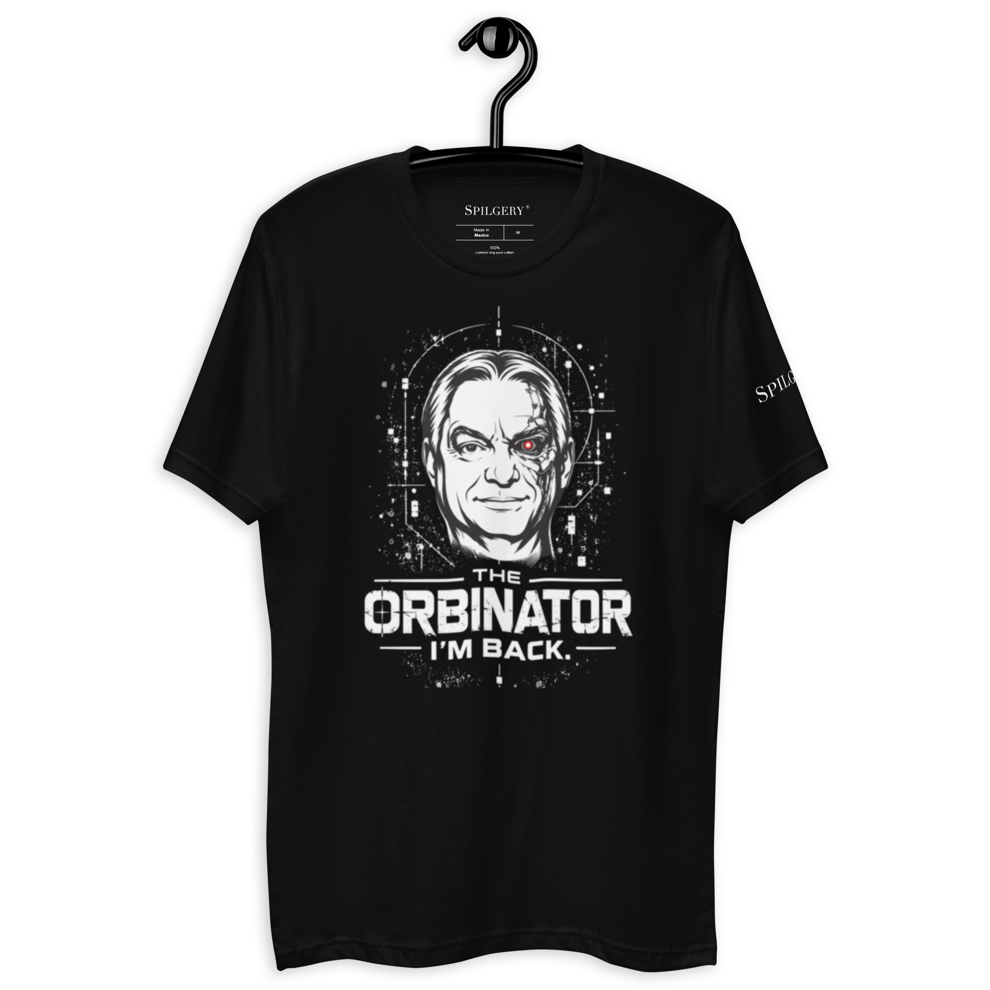 SPILGERY ORBINÁTOR fekete férfi póló, stilizált Orbán Viktor grafikával és I’m Back felirattal